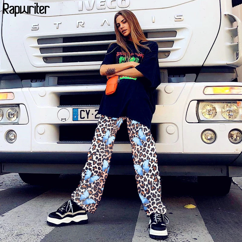 

Rapwriter Casual Elastic High Waist Butterfly Leopard Print Pants Women 2020 Spring Straight Loose Trousers Pantalon Femme Pants
