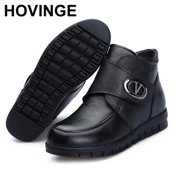 

HOVINGE 2019 New Winter Female flat Boot Woman Genuine Leather Natural Wool Warm Snow Boots