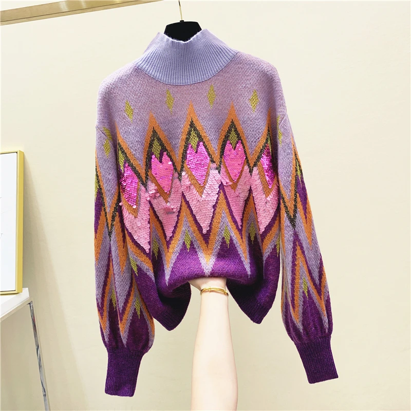 

2020 New Spring Winter Super Flash Sequins Diamond Pattern Jacquard Color Panel Sweater Turtle-Neck Lantern-Sleeve Sweater Knit