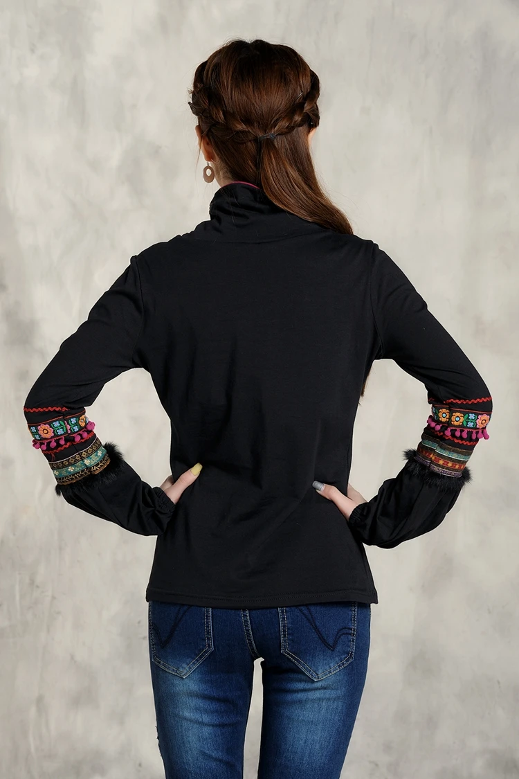 KYQIAO Женский Пуловер blusas mujer de moda Женская Осенняя оригинальная Этническая Водолазка с длинным рукавом и вышивкой черная рубашка