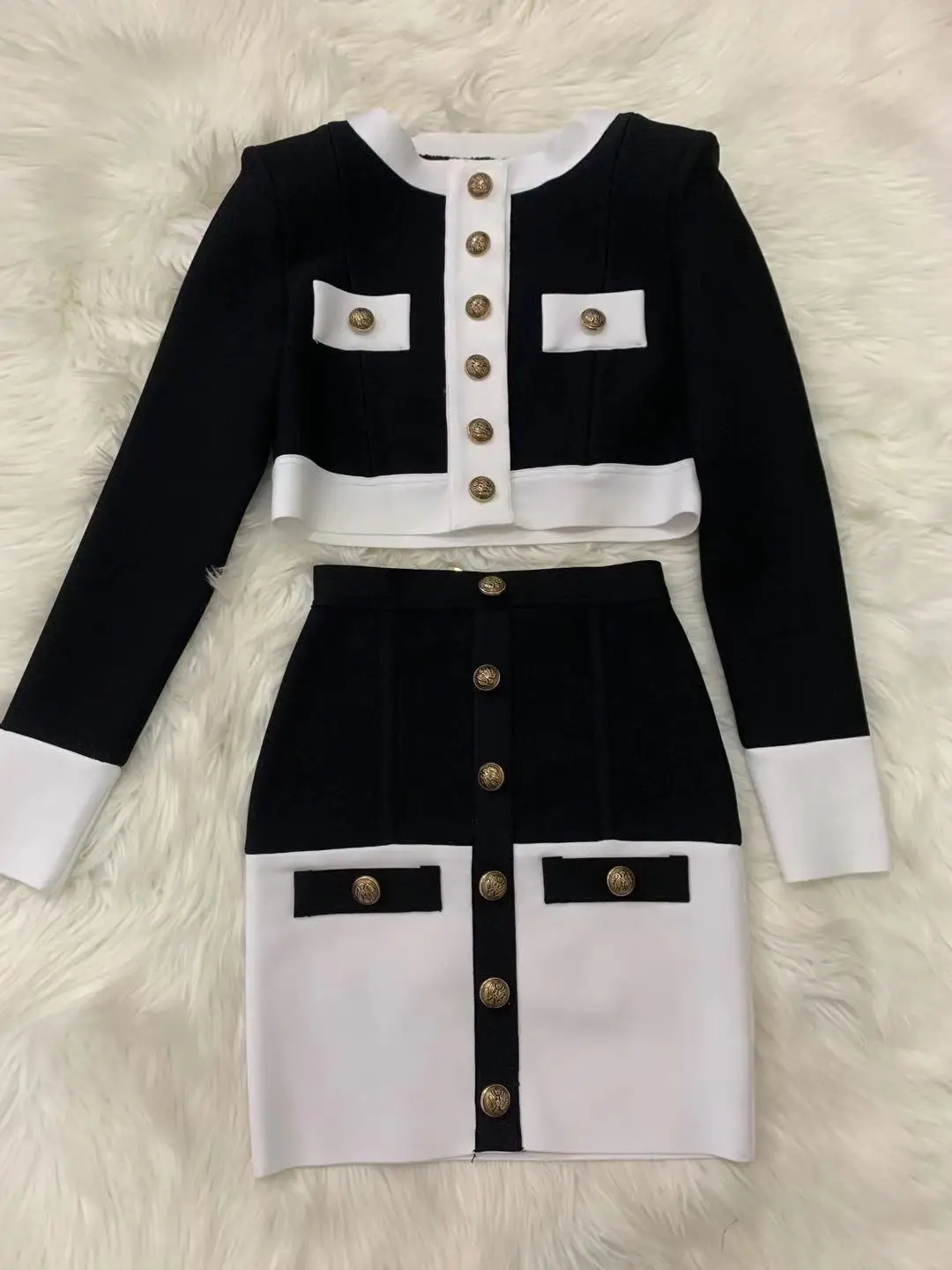 2021 New High Street Summer Patchwork 2 Two-Piece Set O-Neck Long Sleeve Pocket Button Mini Bandage Dress Female Short Set 6