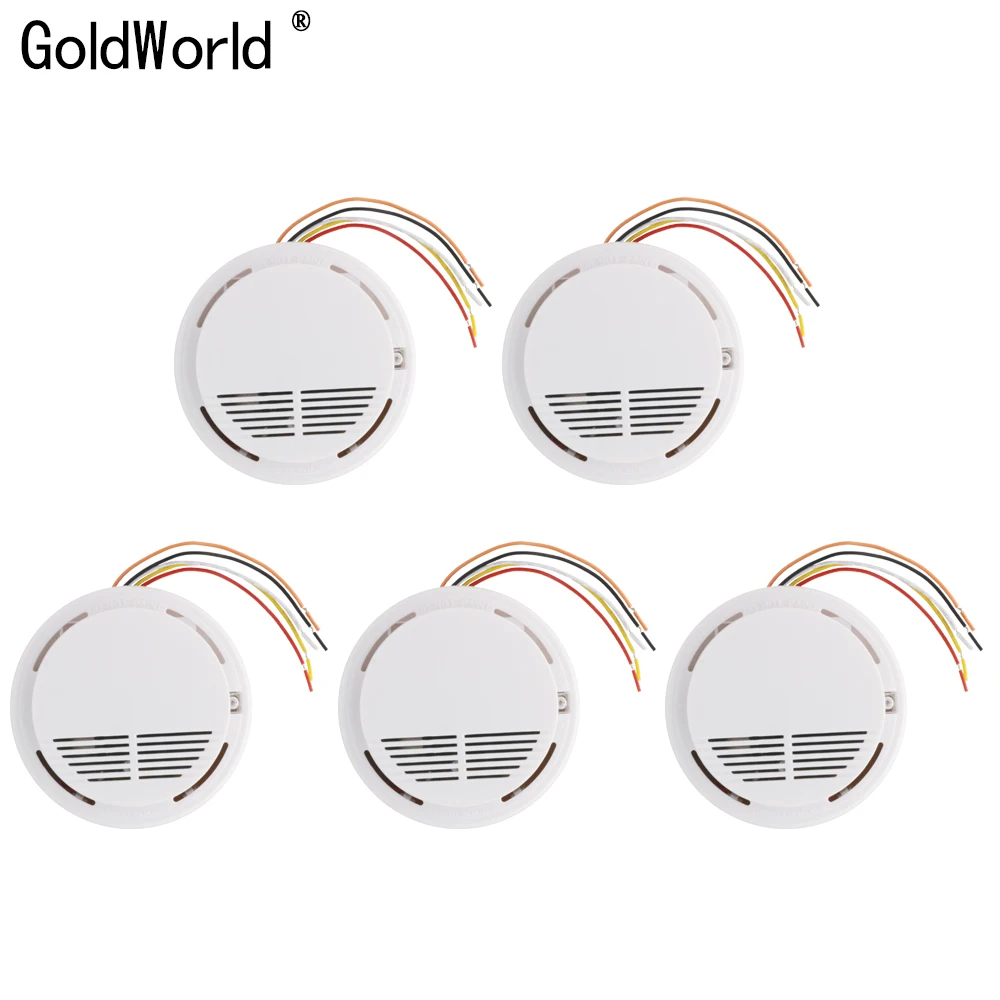 Alarma de detector de humo de fuego con cable cableado, sistema de alarma gsm pstn, 5 uds.