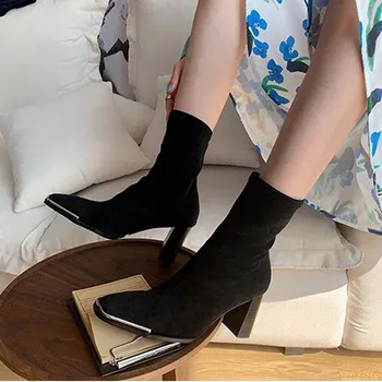 

New Metal Buckle Square Toe High Heels Women's Short Boots 2020 Spring and Autumn Thick Heels Elastic Sock Ankle Boots For Woman