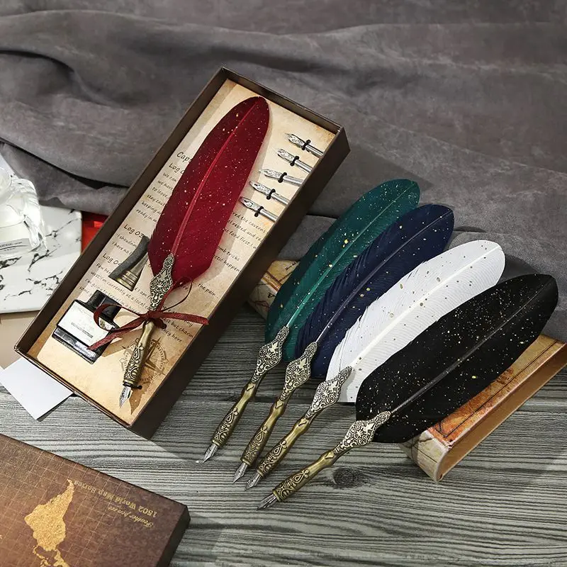 

British Calligrap Feather Pen Set Vintage Ink Pen Dip Water Metal Fountain Pen Set Birthday Gift Box With 5 Nibs