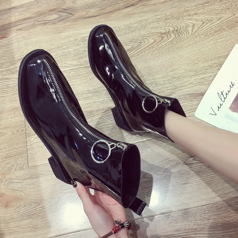 

Japanned leather zipper martin boots round buckle motorcycle botines chunky winter ankle botas mujer women shoes chelsea booties