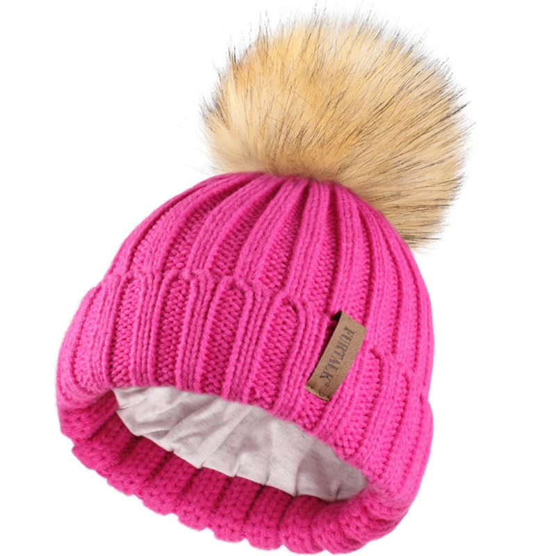 rose red 2 FURTALK детская зимняя шапка из искусственного меха, шапка с помпонами для маленьких мальчиков и девочек, Вязаная Шапка-бини, детская зимняя шапка на возраст От 1 до 10 лет - Цвет: rose red 2