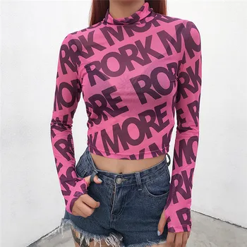 

Fashion New Sexy Women Long Sleeve Letter Print T-shirt Tops See Through Sheer Mesh T-shirt Slim Party Clubwear Tee T-Shirt Tops