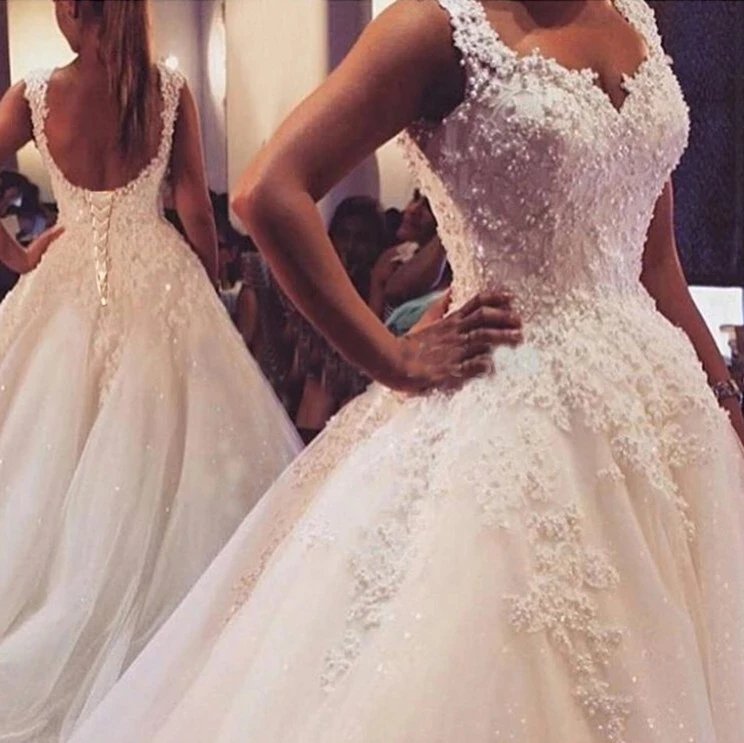 Ball Gowns Spaghetti Straps White Ivory Tulle Wedding Dresses 2021 Hot with Pearls Bridal Dress Marriage Customer Made Size | Свадьбы и