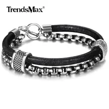 Trendsmax, черный кожаный браслет для мужчин и женщин, нержавеющая сталь, многослойная коробка, цепочка, застежка, повседневные мужские ювелирные изделия DLB184