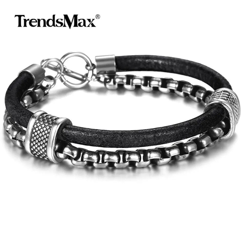 Мужской кожаный браслет Trendsmax черный из нержавеющей стали многослойная цепочка