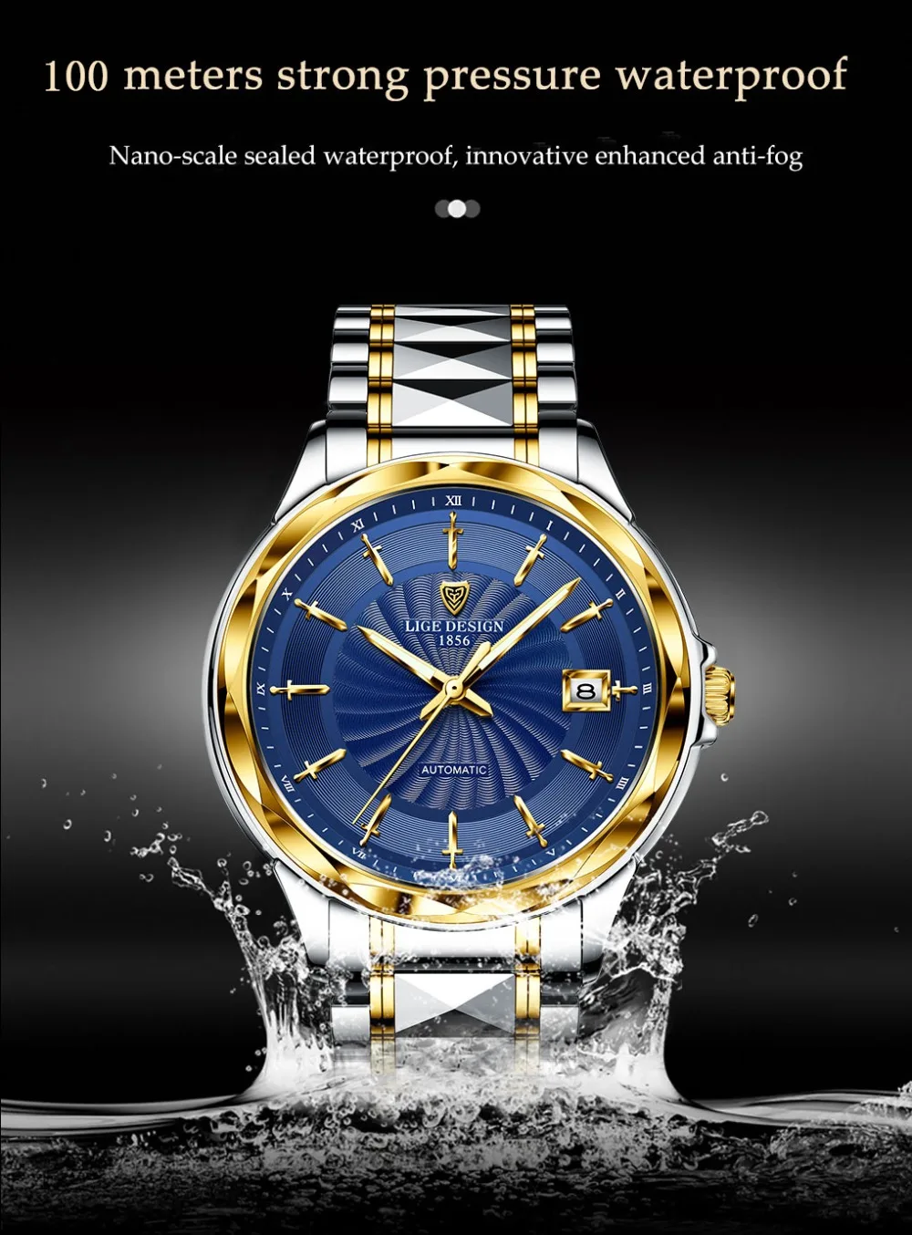 LIGE Original Brand Wrist Watches Mens Automatic Self-Wind Tungsten Steel Waterproof Business Mechanical Watch Relogio Masculino