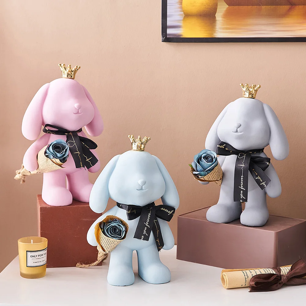 Nordic Crown Rabbit Statue Resin Home Decoration Accessory Easter Bunny