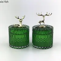 Green Glass Storage Jars Tea Canister Candy Pot Golden Deer Decorative Storage Jar with Cover Transparent Spice Organizer Box 1