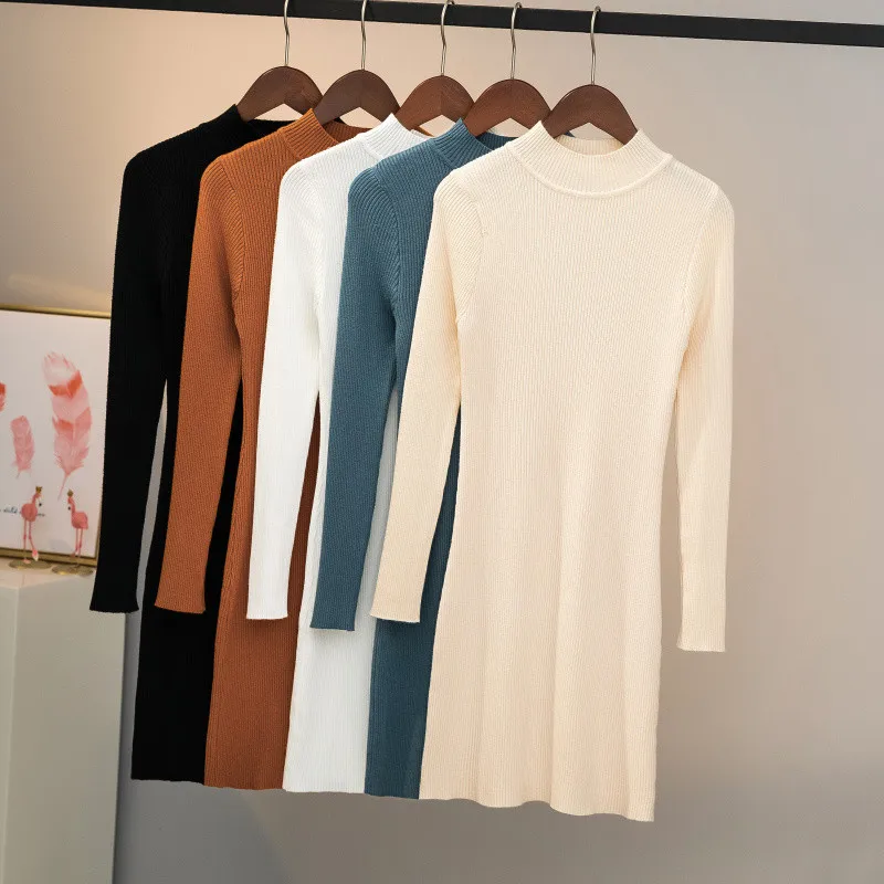 

Women's Half High Neck Pullover Bottoming Knitted Sweater Dress Mid-Length 2020 Autumn Winter New Slim Long-Sleeve Pull Femme