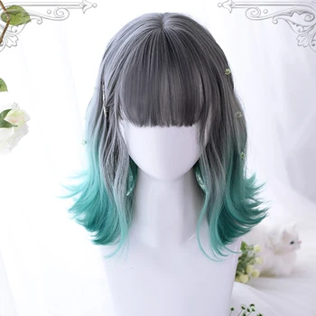 

MEIFAN Synthetic Short Bob Color Lolita Ombre Anime Wigs With Air Bangs Natural Fake Hair Blue Green Lolite Cosplay Wig
