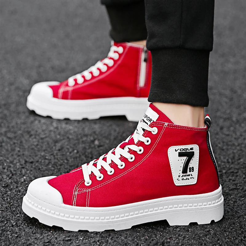 Men Red High Top Zipper Canvas Shoes 2020 Men Rubber sole platform