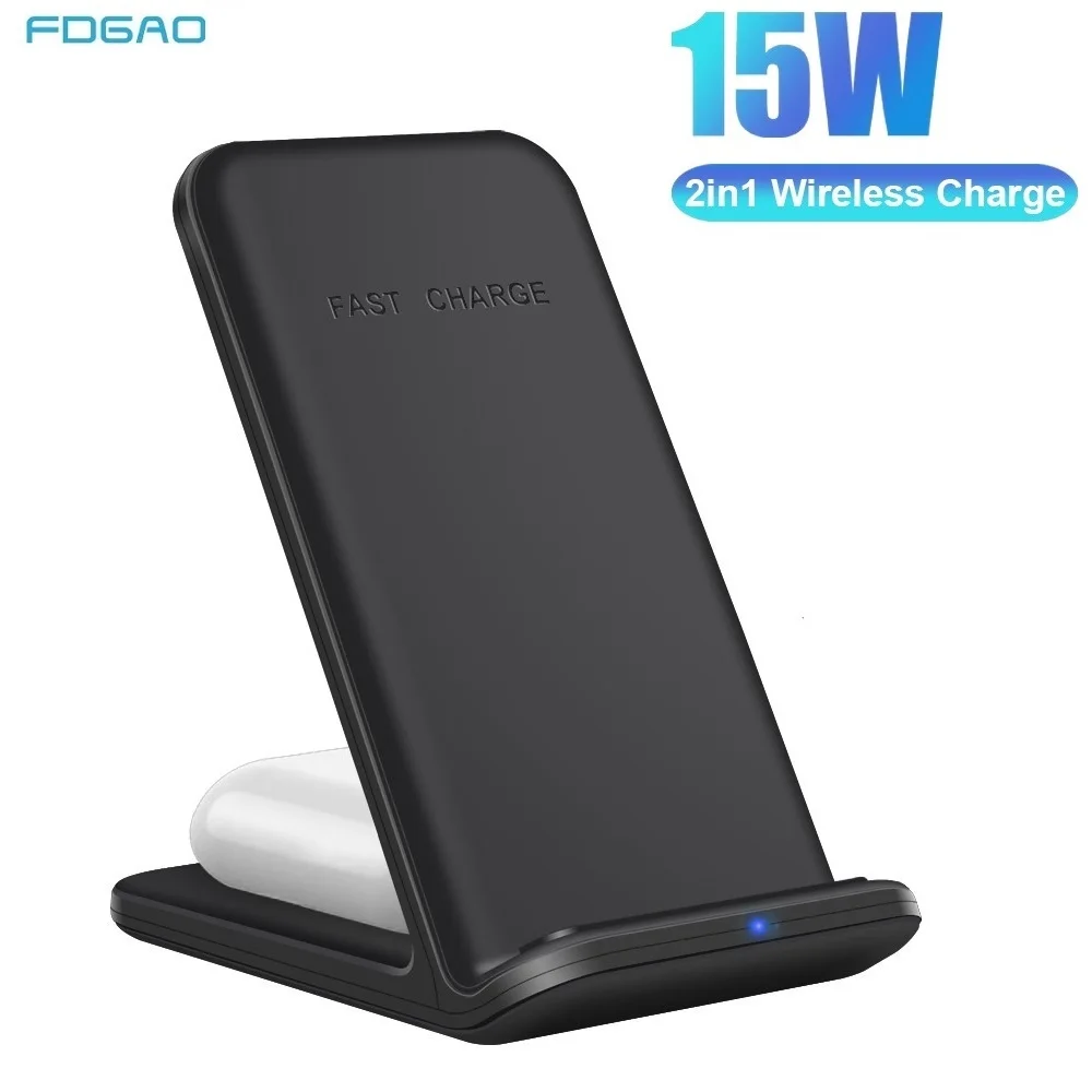 15W Qi Wireless Charger Dock Station 2 in 1 Fast Charging Stand For iPhone 12 11 XS XR X 8 Airpods Pro For Samsung S20 S10 Buds