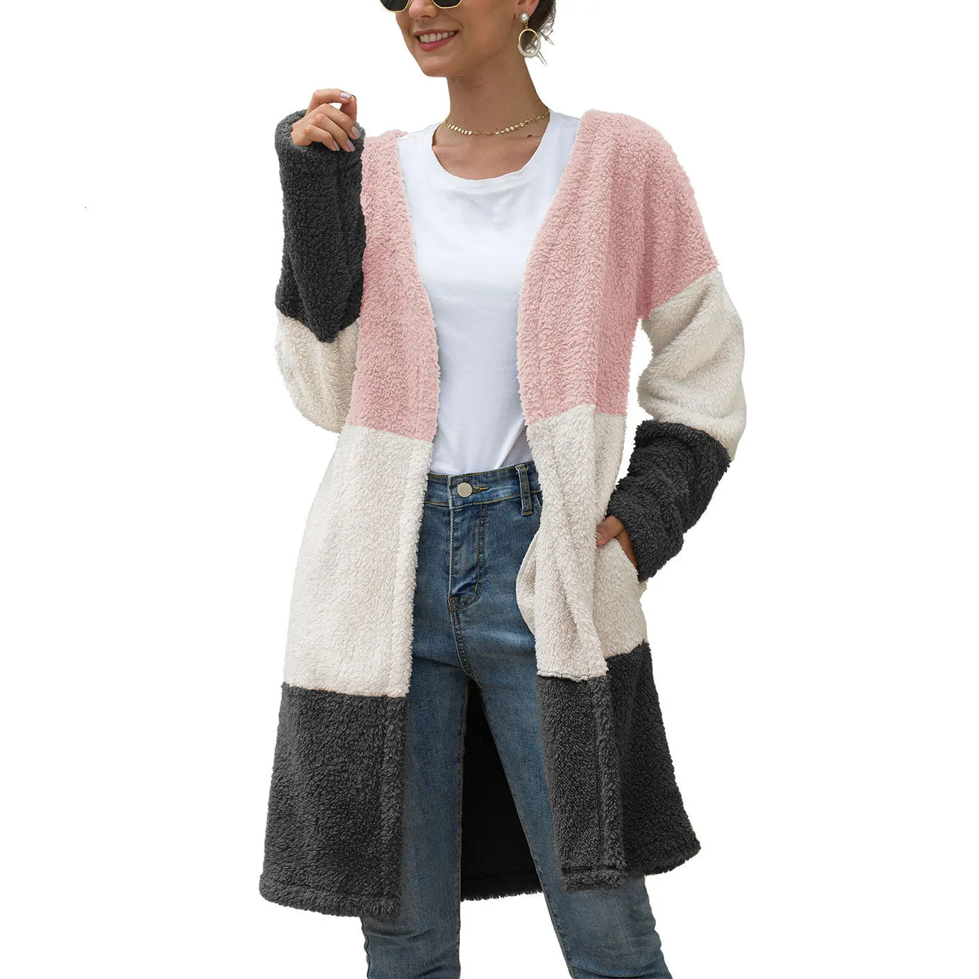 

Fleece Long Cardigan Women Sweater Autumn Winter 2019 V Neck Pockets Striped Patchwork Christmas Sweater