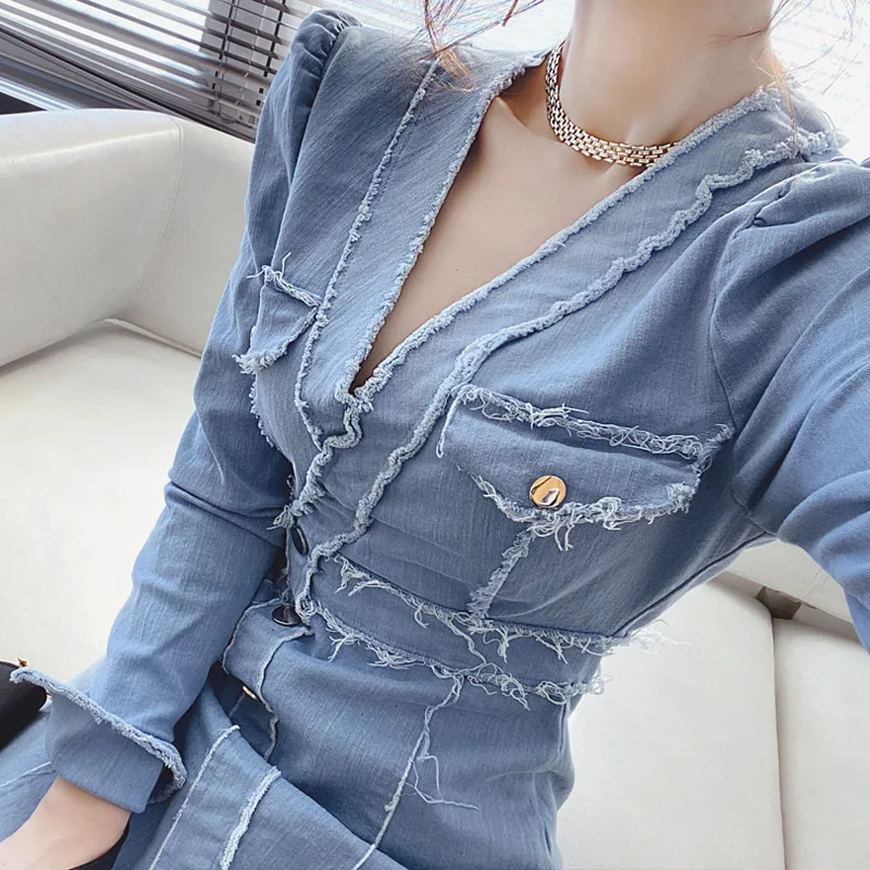 2020 Fashion Jeans Dress for Women Clothing Long Sleeve Singer Button Wrap Blue Dress Woman Casual Elegant Mini Fall Dress Lady