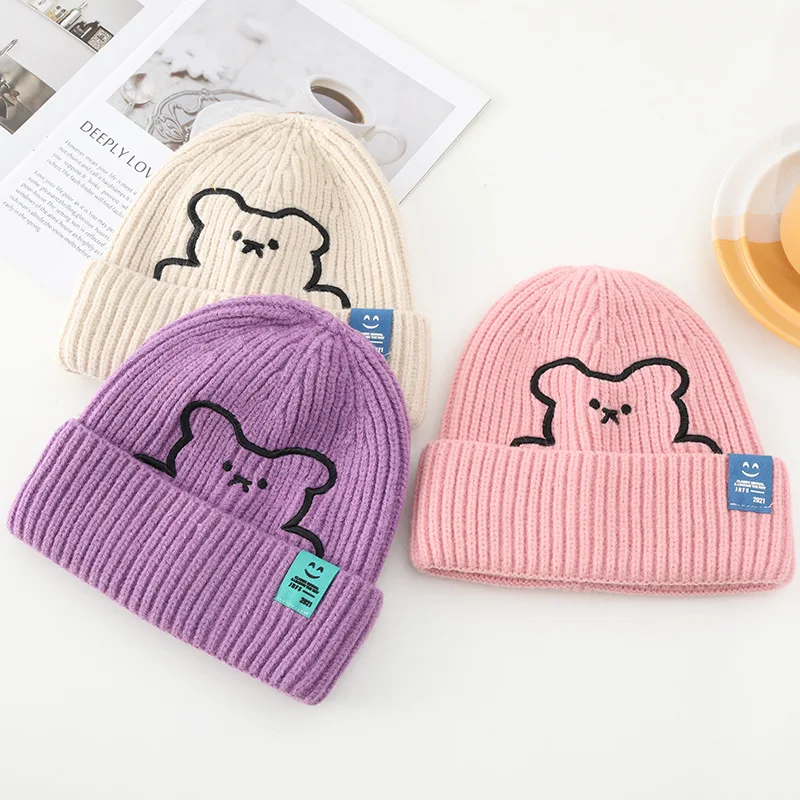 woolen cap for men Newest Winter Hats bear embroidery cute knitted hat Couple Cap Lady Thread Knitted Beanie Chapeau Female Bonnet шляпа женская timberland skully