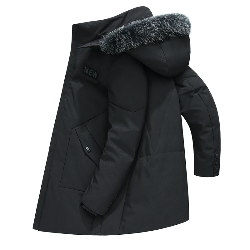 Высококачественная Мужская куртка на 90% белом утином пуху, зимнее ветрозащитное и теплое пуховое пальто для мужчин с воротником из лисьего меха, мужские зимние парки - Цвет: Черный