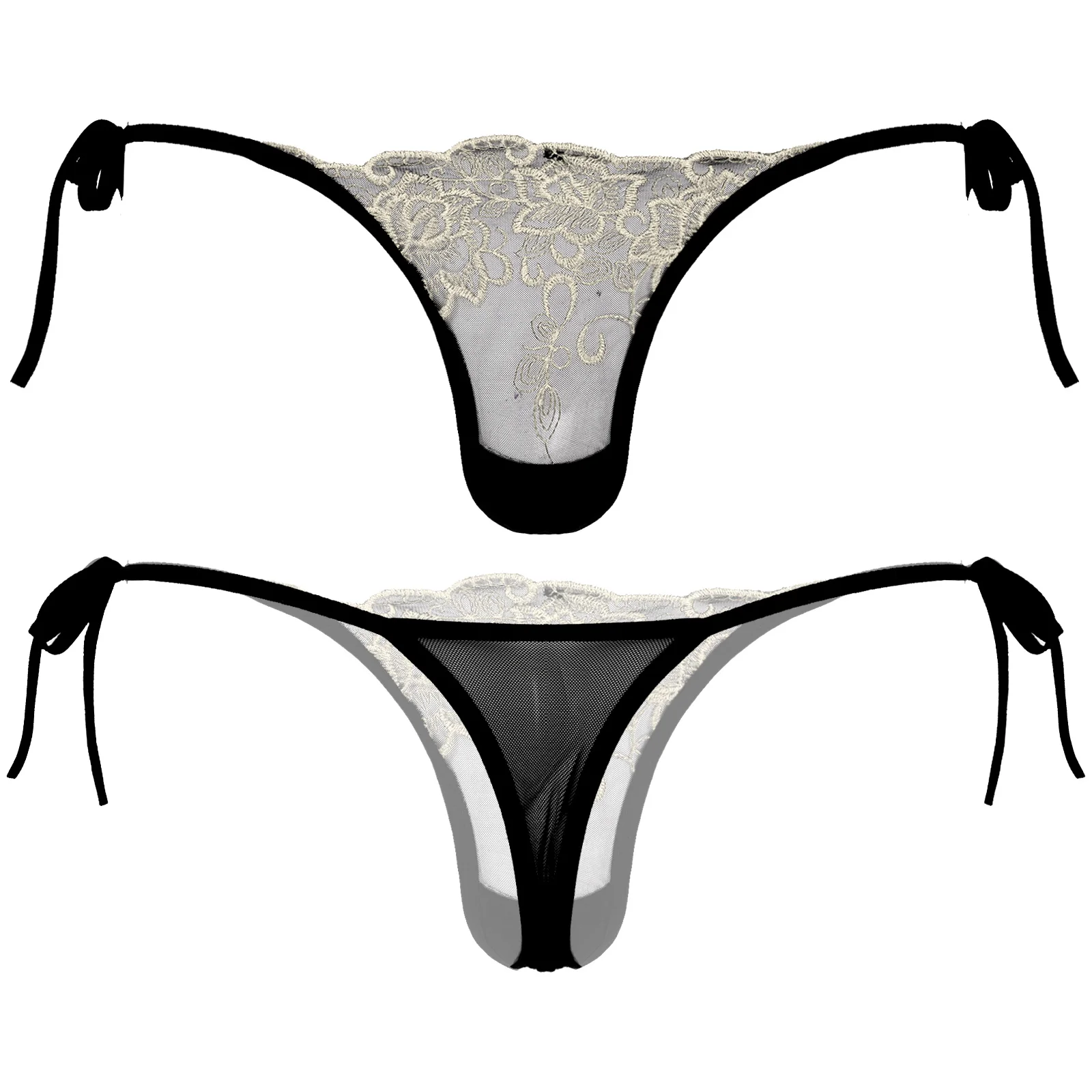 Men's Panties See-through Mesh Thongs Low Waist Lace-up G-string Sissy Briefs Underpants T-back Gay Underwear Embroidered Thongs
