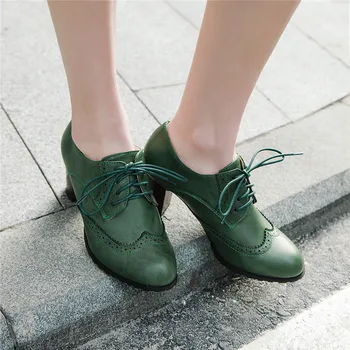

Spring Women Brogue Shoes Vintage Chunky Heel Oxford Shoes Lace Up High Heels Female Fashion Elegant Ladies Shoes Green Brown