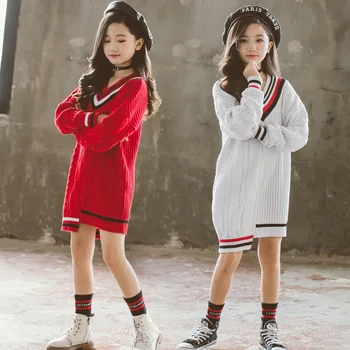 

Autumn Girls Sweaters Winter Children's Sweater Teen Girls Knitted Pullovers Warm Striped V-Neck Long Sweater Fashion Korean