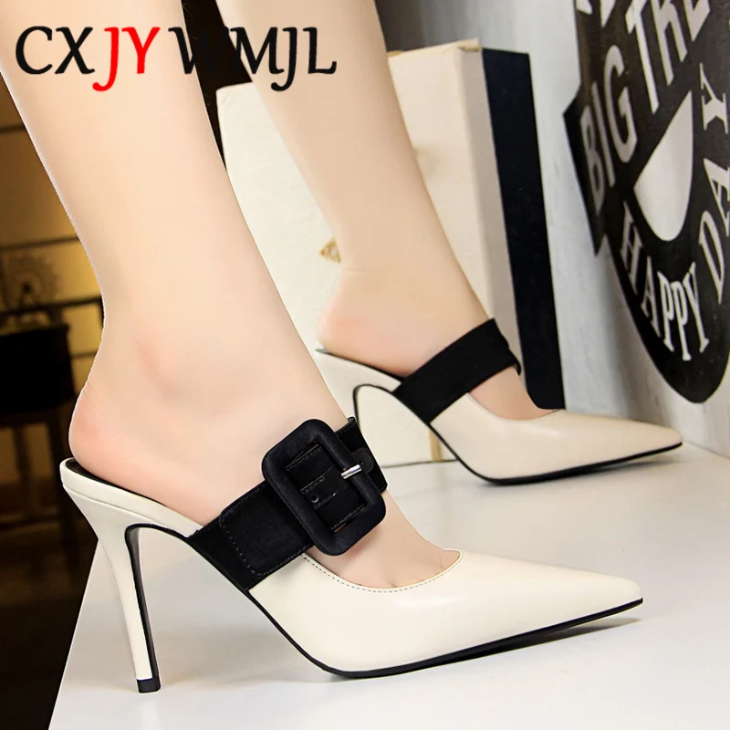 

Summer Women High Heel Sandals Flock Belt Buckle Slippers Patent Leather Pointed Sandal Shoe Woman Fashion Party Heels Flip Flop