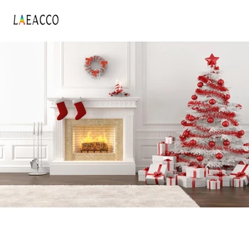 

Laeacco White Chic Wall Fireplace Christmas Tree Gifts Stocking Wreath Photography Backgrounds New Year Backdrops Photo Studio