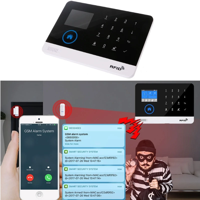 

Switchable Wireless Home Security WIFI GSM GPRS Alarm system APP Remote Control RFID card Arm Disarm