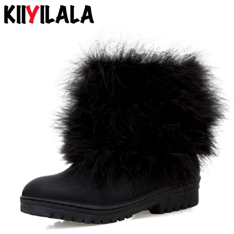 

Kiiyilala Natural Fur Snow Boots Women Slip-on Warm Plush Flat Heel Ankle Boots Shoes Woman Non-slip Winter Boots Women Big Size