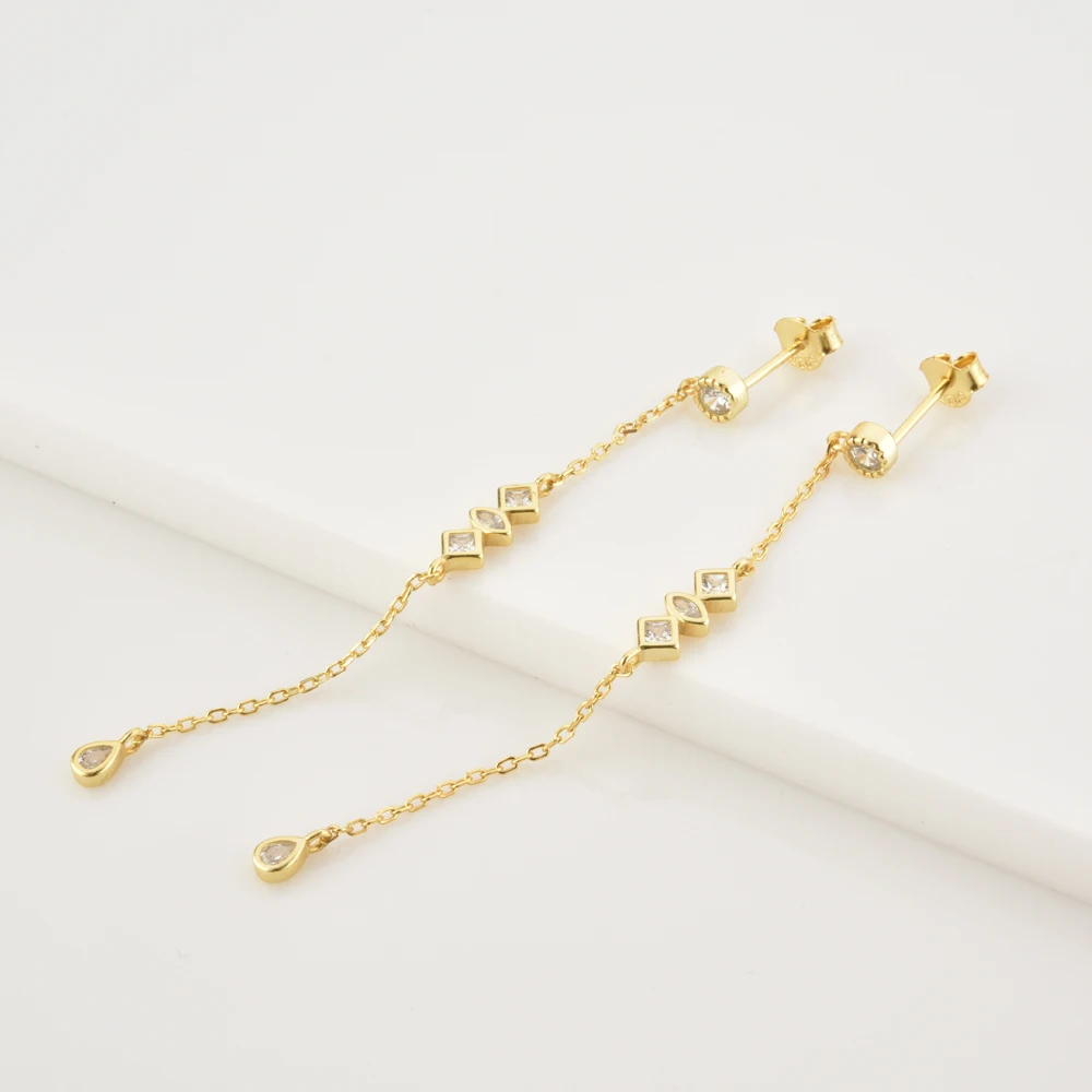 KIKICHICC 925 Sterling Silver Gold Mid long Necklace PIRAMIDE Long Earrings VERTICE Crystal CZ Fine Jewelry Set Wedding Gift