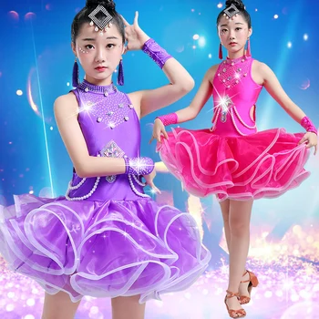 

Kid Beaded Rhinestone Tango Salsa Latin Ballroom Dance Tulle Dresses Sequin for Girls Dance Clothes Dancing Competition Costume