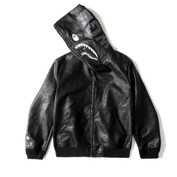 

2020 autumn winter leather jacket men hooded black windbreaker men youth shark leather coats for men loose streetwears