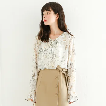 

Print Flower Long Sleeve Womens Tops and Blouses O-Neck Women Shirts Chiffon Blusa Feminina
