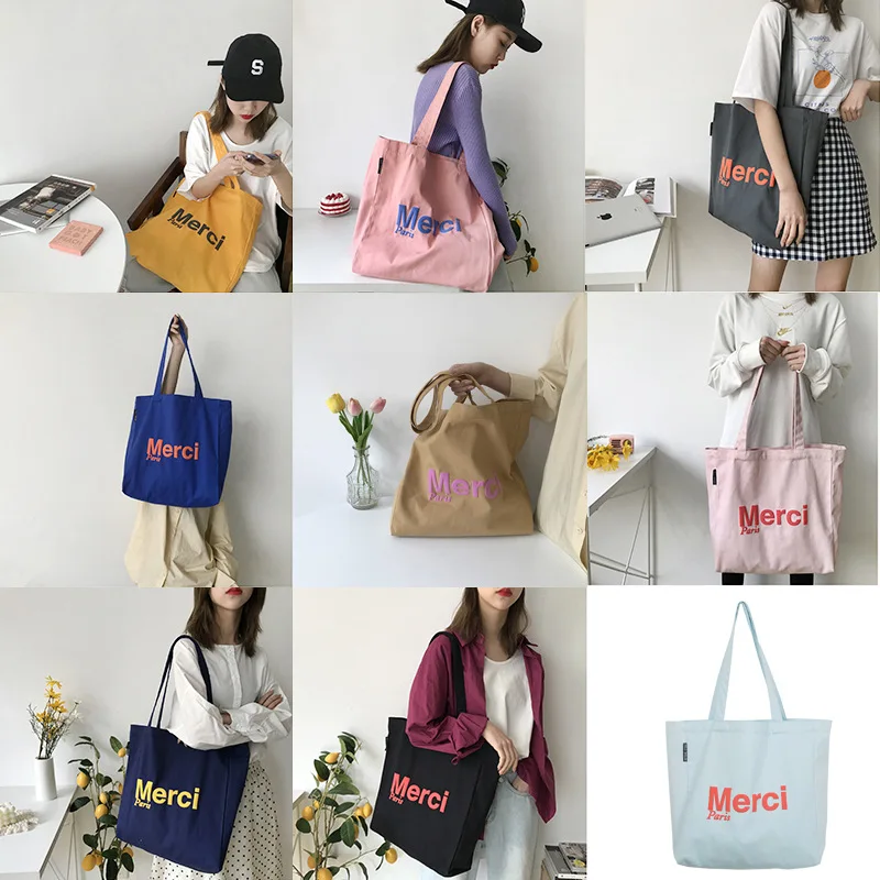 Women Canvas Shoulder Bags 3D French Print Grocery Shopping Bag