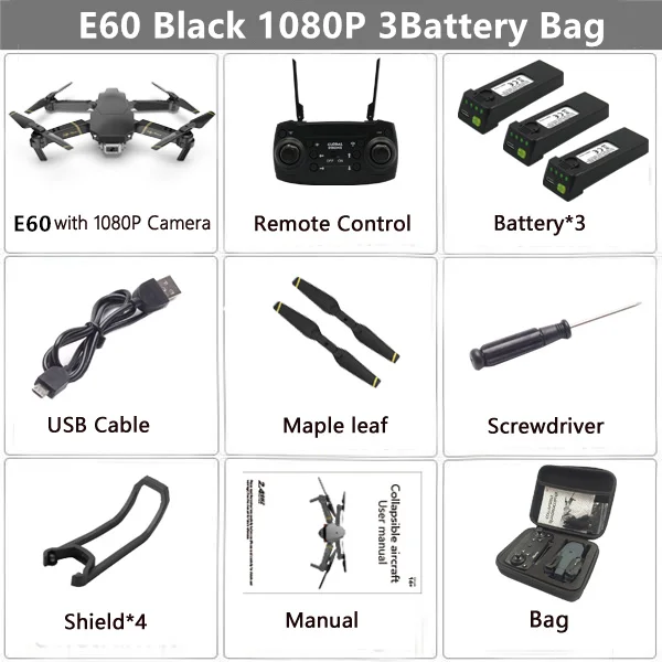 Дрон E60 RC с 4K HD камерой FPV Wi-Fi функция удержания высоты Selife Дрон складной Квадрокоптер Vs E58 E520 SG106 M69 дроны - Цвет: 1080P Black 3B Bag