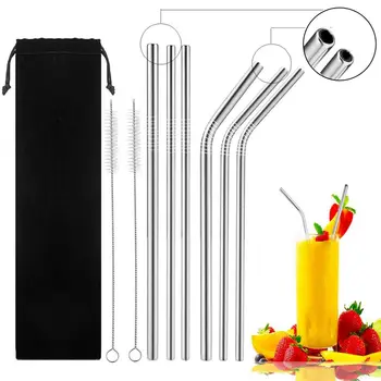 

Stainless Steel Straws, 6 Pack Reusable Straws with 2 Pcs Cleaning Brushes, 8.5 inch Reusable Drinking Straws (3 Straight + 3 Be