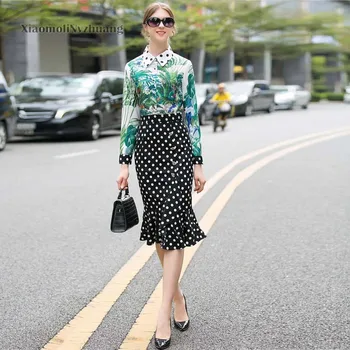 

Xiaomoli Shirt style forest temperament wave point bag hip fishtail dress printing fashion 2020 spring and summer new