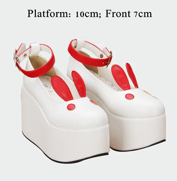 Red and White 10cm Японская обувь для костюмированной вечеринки «Лолита»; милые туфли на танкетке для девочек с ремешком и заячьими ушками - Цвет: Red and White 10cm