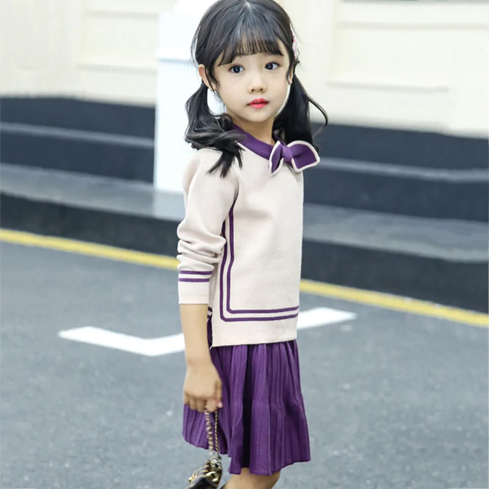 Girls Sweater Clothing Set Bow Stripe Knitwear Coat Winter Autumn Girls Sweater Long Sleeve Warm Two-piece Tops+Skirts
