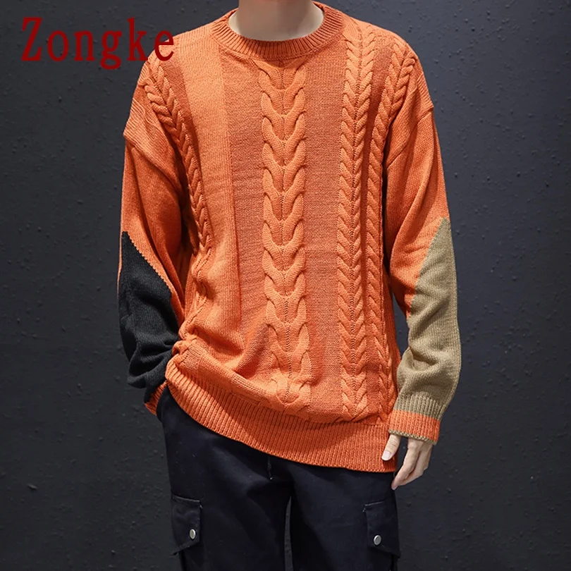 Orange Zongke, новинка, Осень-зима, Повседневный свитер для мужчин, хлопок, облегающий, ВЯЗАННЫЙ ПУЛОВЕР для мужчин, модный бренд, мужские свитера, теплый M-3XL - Цвет: Orange