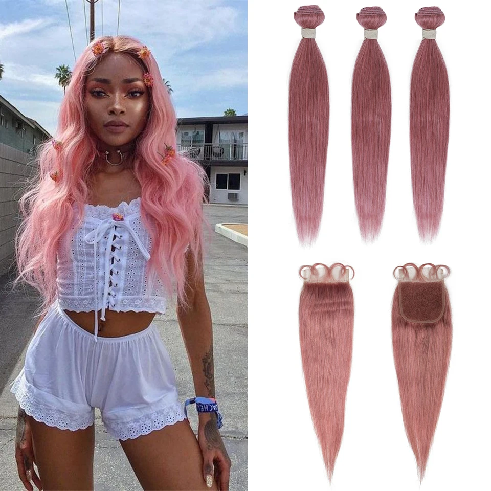 Remy Forte Bundles With Closure Straight Pink Blonde Human Hair Bundles With Closure 3 Brazilian Hair Extension Weave Bundles