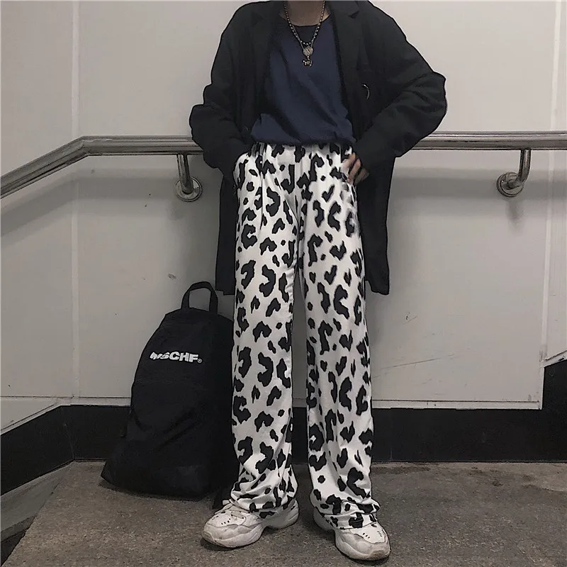 Deeptown Cow Print Wide Leg Pants for Women Korean Style Oversized Women Fashion Pants Harajuku Autumn 2020 Plus Size Trousers
