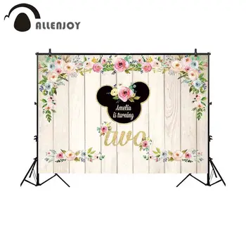 

Allenjoy Wooden Floor Background Birthday Cute Mouse Flowers Home Decoration Backdrops Baby Shower Photophone Party Supplies