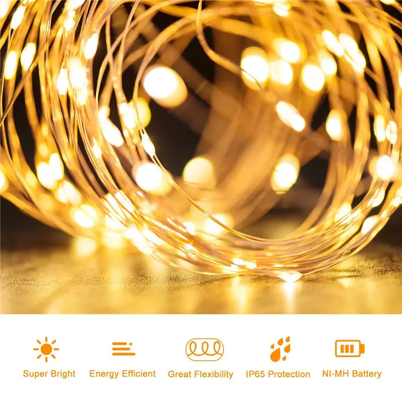Светодиодный светильник-фея 200 м, гирлянда на солнечной батарее, гирлянда из медной проволоки, наружное украшение на Хэллоуин, Рождество