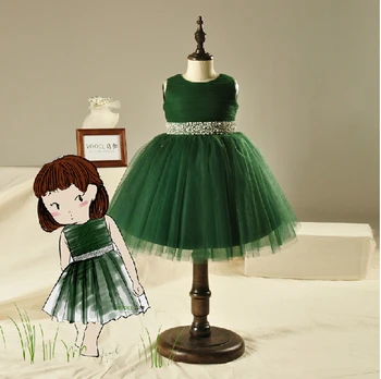 

o-neck green tulle crystal sashes flower girl Dresses for weddings 2016 first communion dresses for girls tea-length handmade