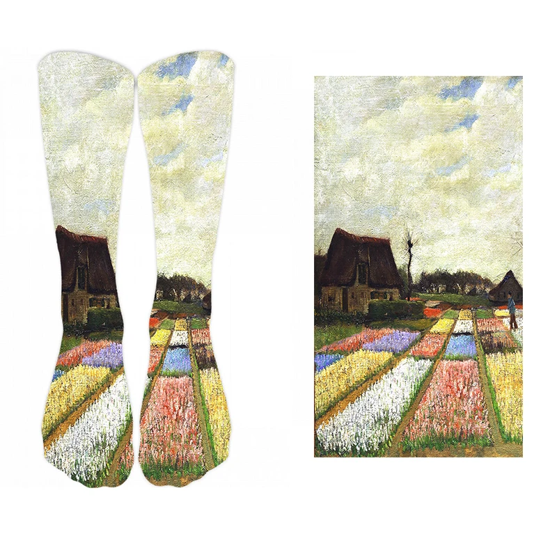 New Style Oil Painting Eiffel Tower Art Socks Men Women Pure Cotton Harajuku Retro Pastoral Scenery Happy Long Tube Funny Socks