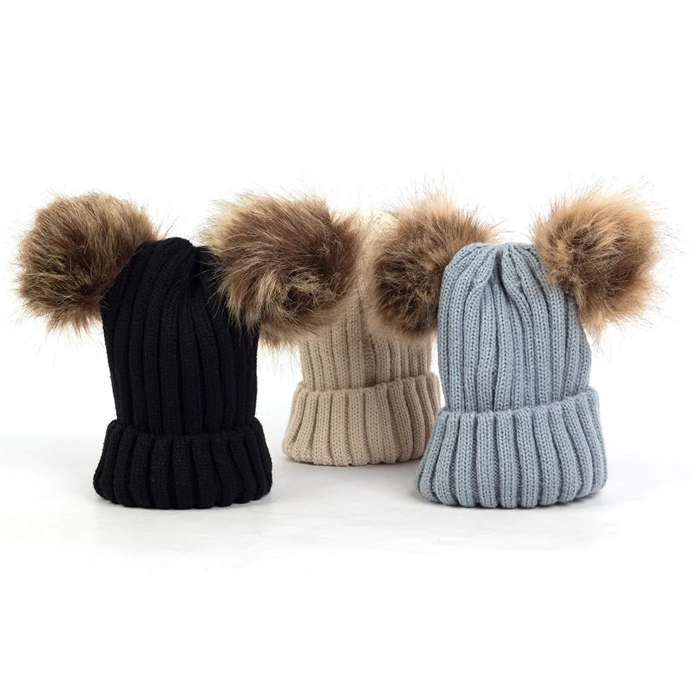Geebro/вязаная шапка для малышей, шарф в рубчик, зимние шапочки с помпонами для маленьких девочек, теплые шапки с ушками для новорожденных, Детские кепки DK939